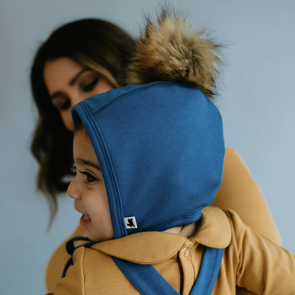 BABY 0-6m Fleece-Lined Brimless Pom Pom Bonnet | Classic Blue
