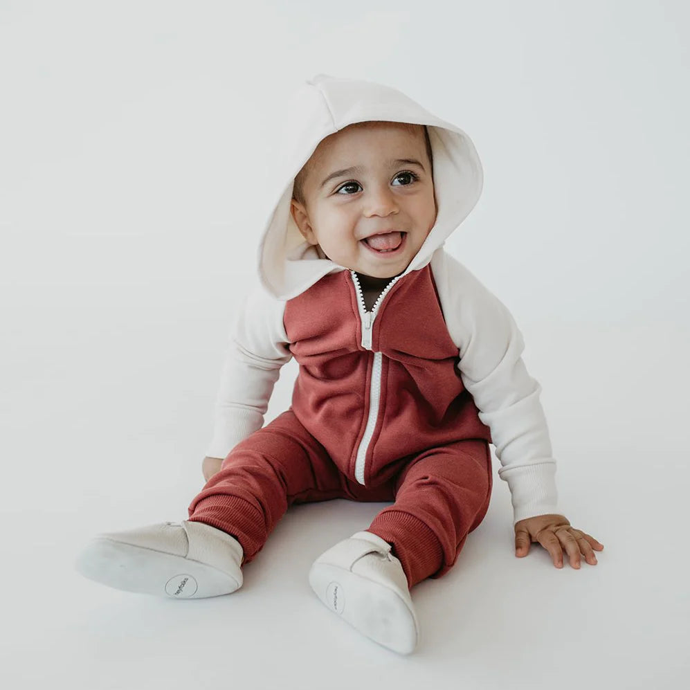 Kids 3-4T Fleece-Lined Jumpsuit | Burgundy with Cream Hood and Sleeves