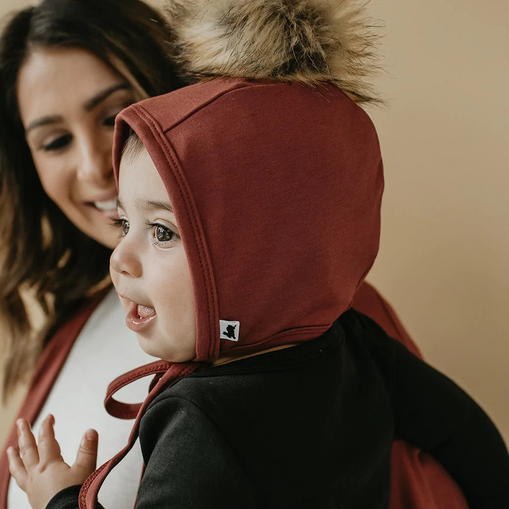 CHILD 1-2T Fleece-Lined Brimless Pom Pom Bonnet | Burgundy
