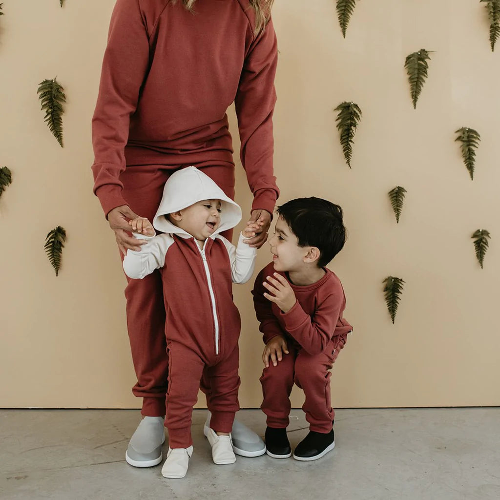 Baby 6-12m Fleece-Lined Jumpsuit | Burgundy with Cream Hood and Sleeves