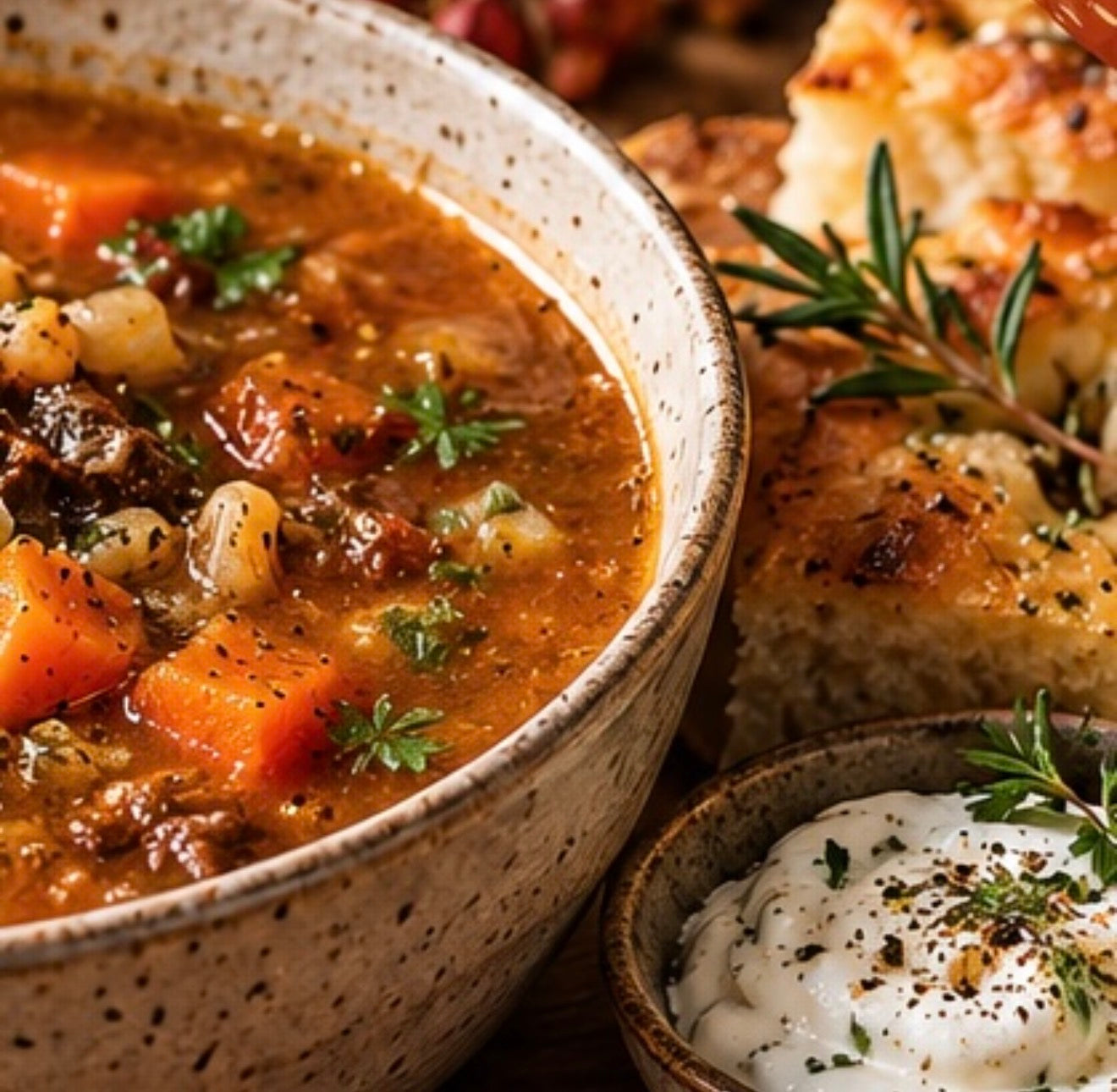 Bison + Barley Vegetable Soup with Focaccia + Banana Bread