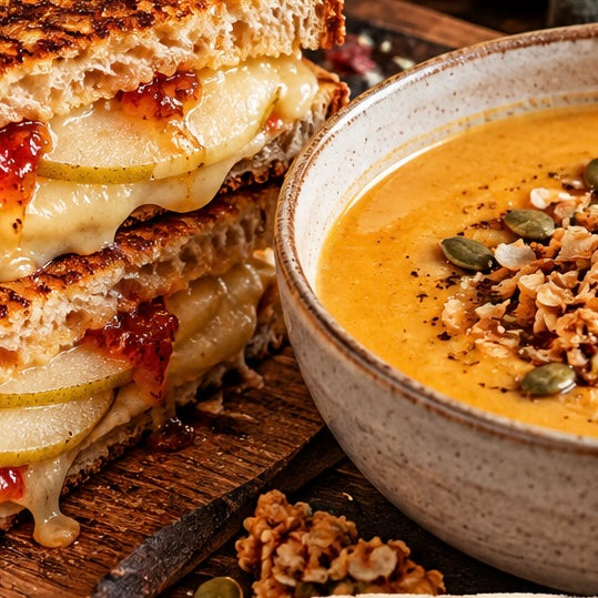 Pear + Gouda Grilled Cheese with Butternut Squash + Apple Soup