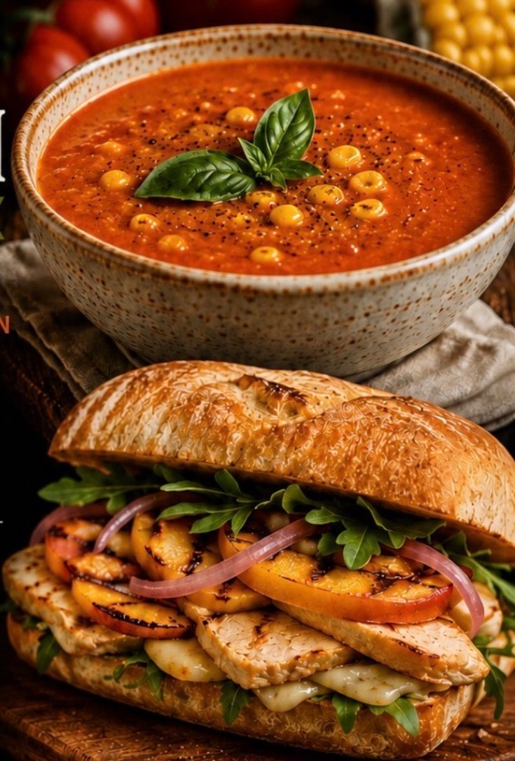 Grilled Peach + Chicken Sandwich with Roasted Tomato, Sweet Corn + Basil Soup
