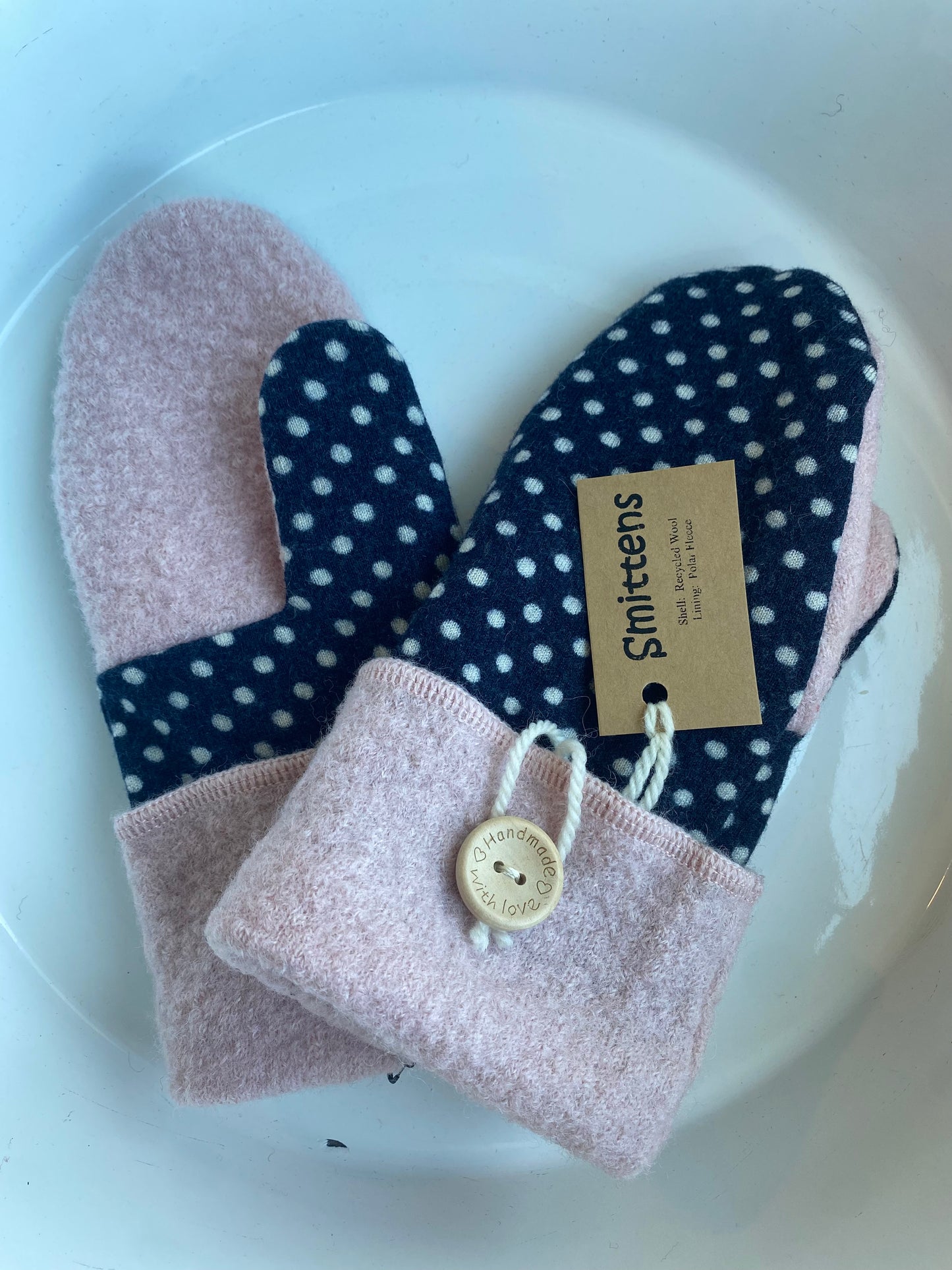 Smittens - Wool Pink & Navy Polka Dots