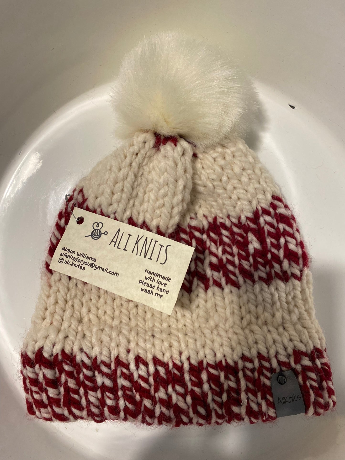 KIDS Hand Knitted Hat - Red + White Stripe