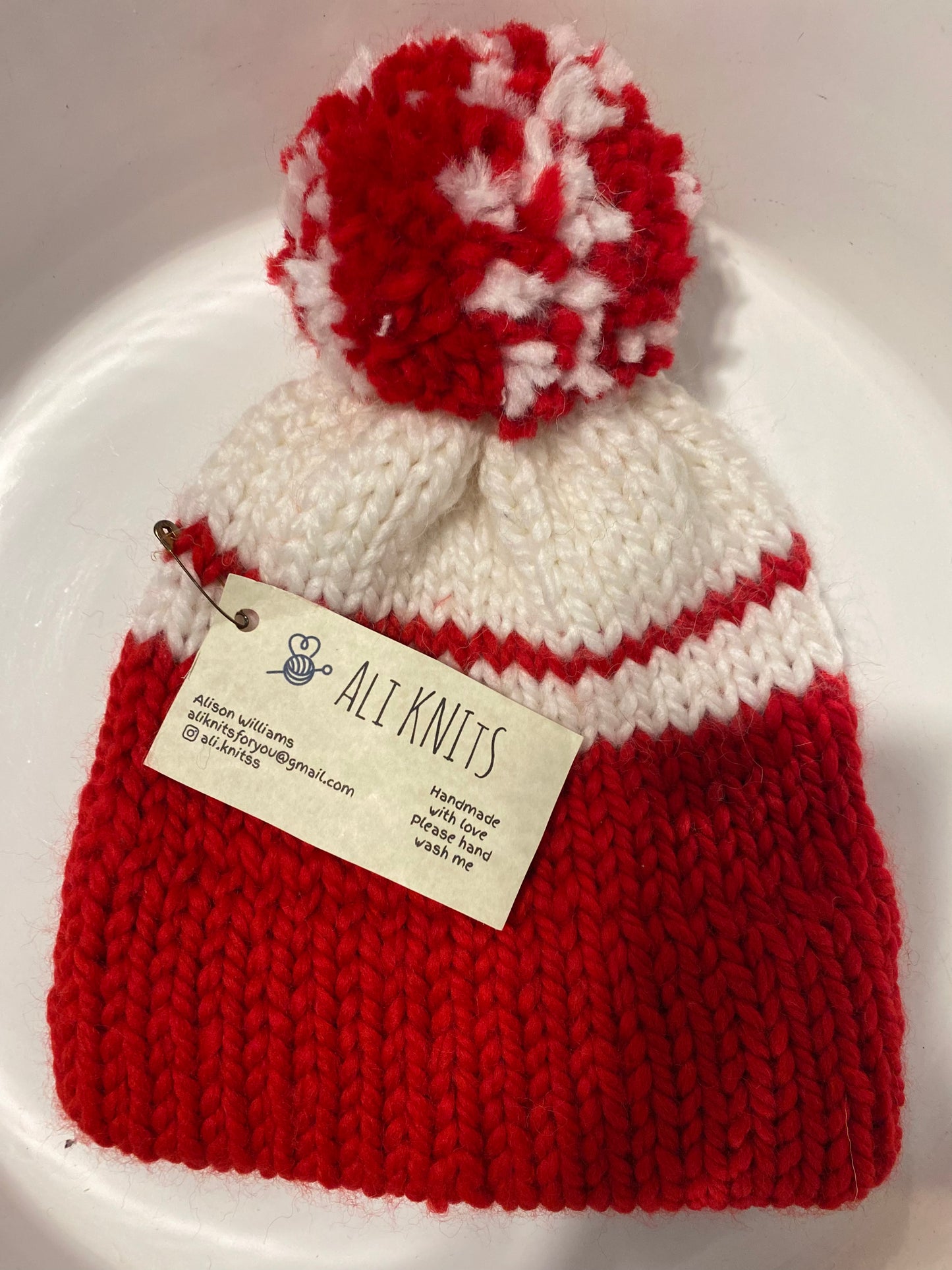 KIDS Hand Knitted Hat - Red + White