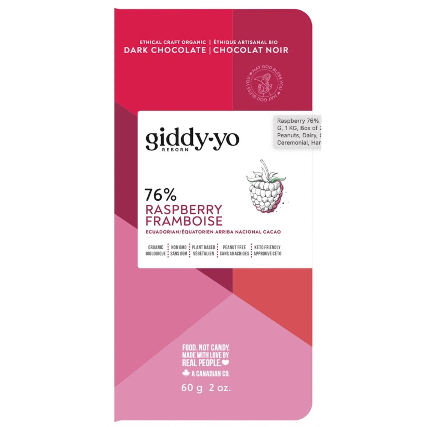60G RASPBERRY 76% DARK CHOCOLATE BAR