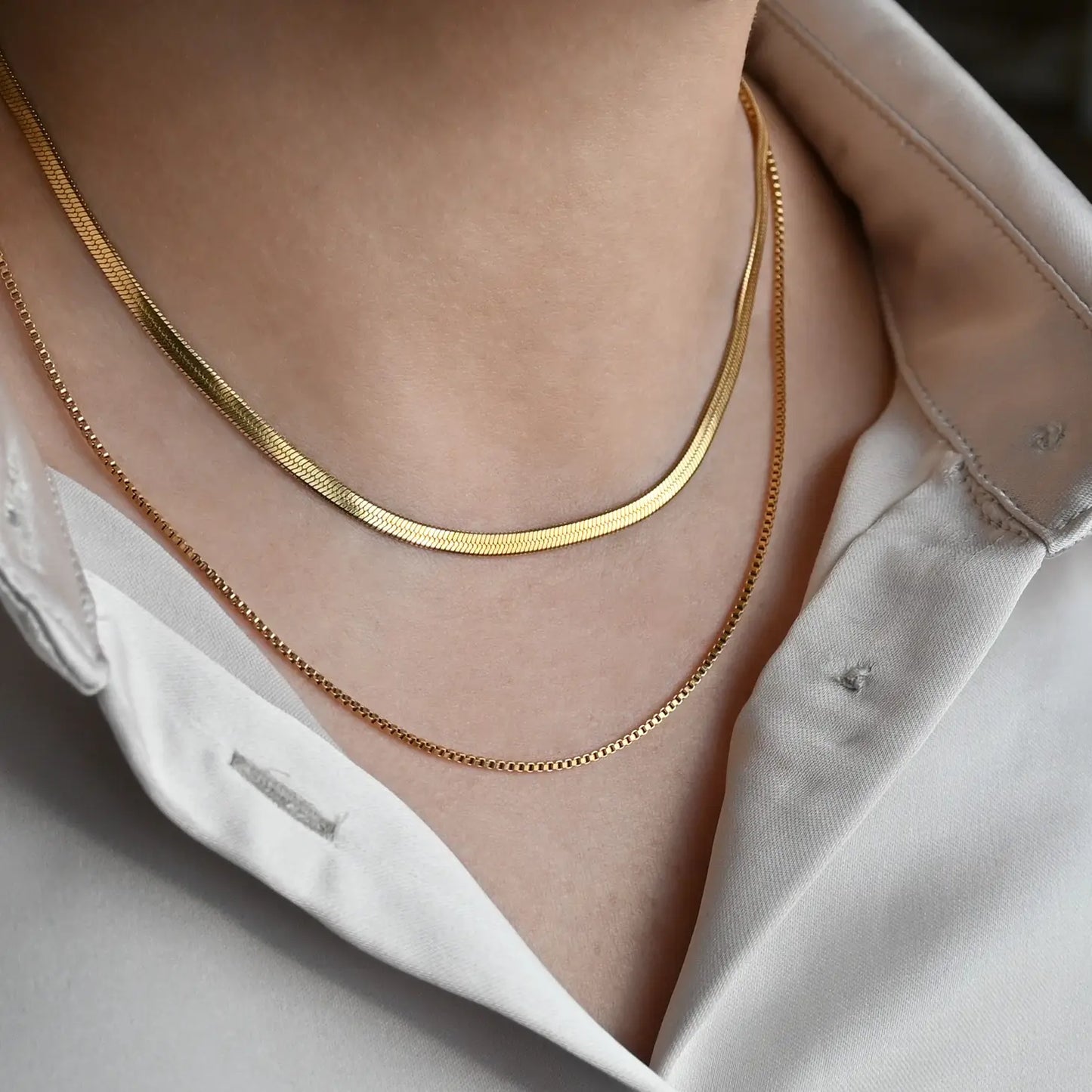 Layered Herringbone Necklace - Box Chain Necklace