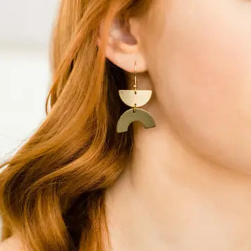 Olive Green Leather Arc & Brass Half Moon Earrings