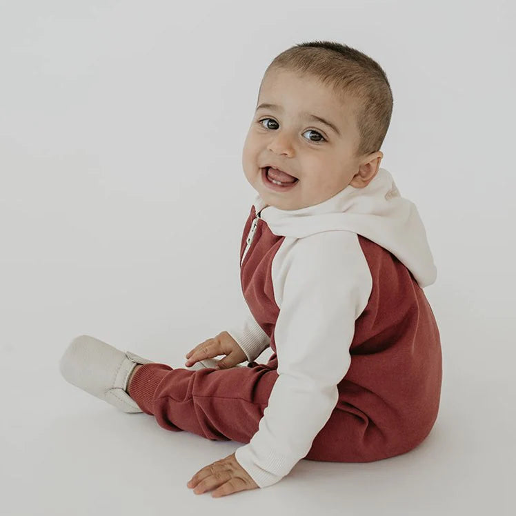 Baby 6-12m Fleece-Lined Jumpsuit | Burgundy with Cream Hood and Sleeves