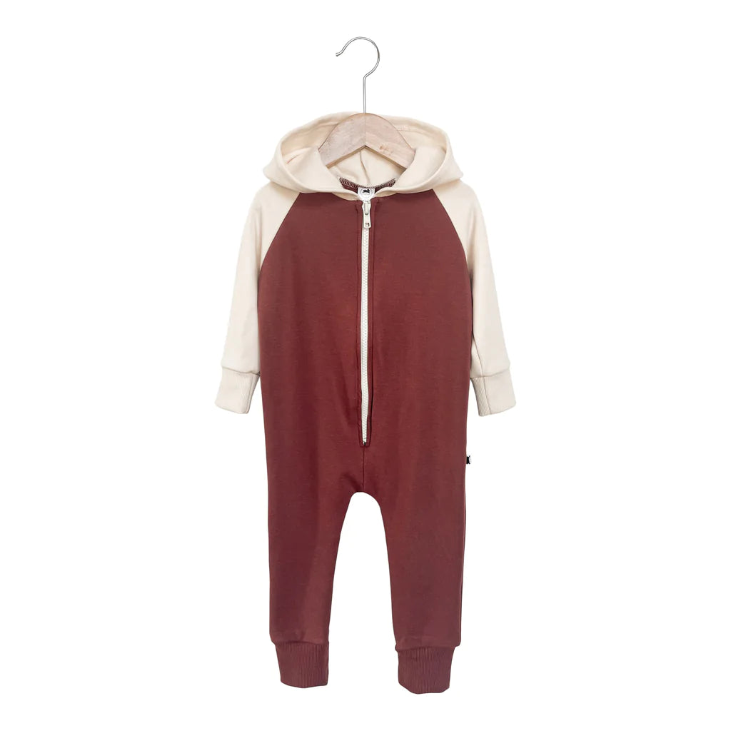 Kids 3-4T Fleece-Lined Jumpsuit | Burgundy with Cream Hood and Sleeves